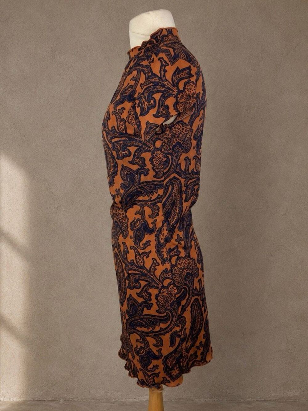 Urban Outfitters Size M Paisley Mock Neck Mini Dress Brown Blue Ribbed Stretch - Picture 5 of 10